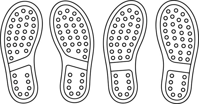 Shoe sole footprint outline collection, sneaker tread pattern icon set, footwear bottom vector isolated background