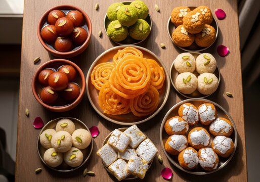 Assortment of Indian Sweets and Desserts Displayed Beautifully.