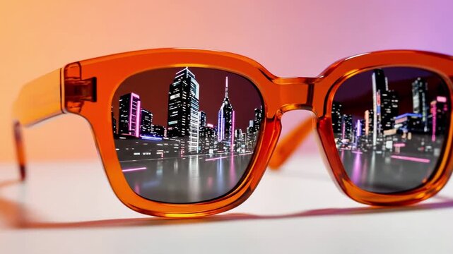 A pair of orange sunglasses reflecting a cityscape at dusk with tall buildings