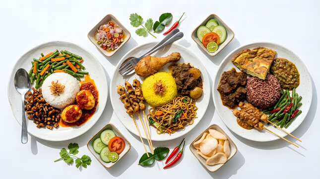 A vibrant overhead spread of three Indonesian nasi campur plates with yellow rice, satay, rendang, tempeh, and sambal alongside side dishes.