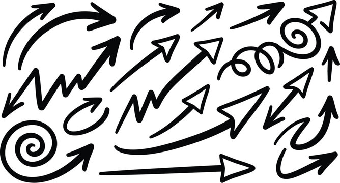 Arrows demonstrate diverse hand-drawn sketches featuring spirals and jagged directional lines.