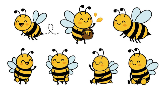 Cute cartoon bees with different expressions and actions.