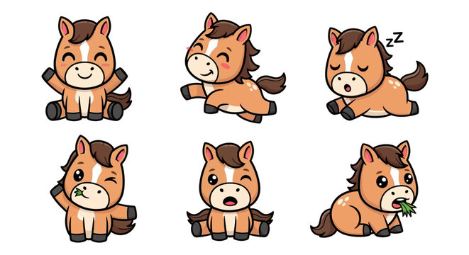Cute cartoon horse character in various poses.