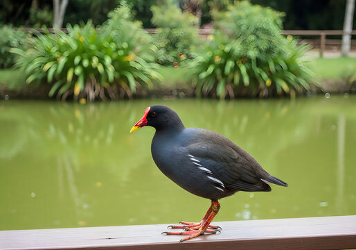 A vibrant purple swamphen stands gracefully by a tranquil pond showcasing its striking plumage and unique features in a natural setting
