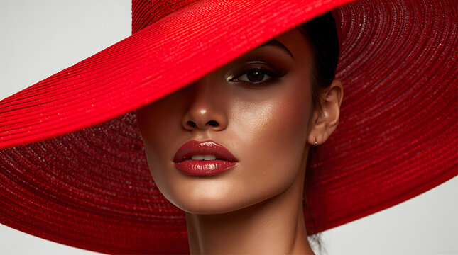 portrait of a beautiful model wearing red big hat