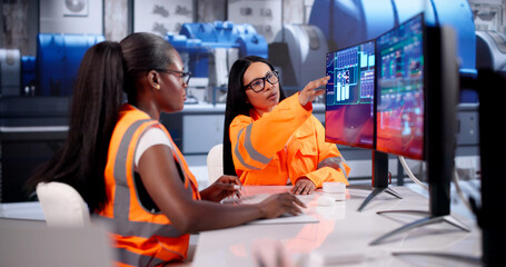 Fototapeta na wymiar Engineers Carefully Monitoring Gas Turbine Controls