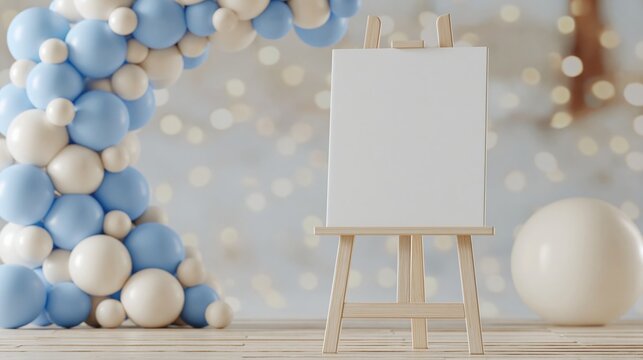 Blank canvas on an easel at a baby shower party with blue and white balloons and bokeh lights