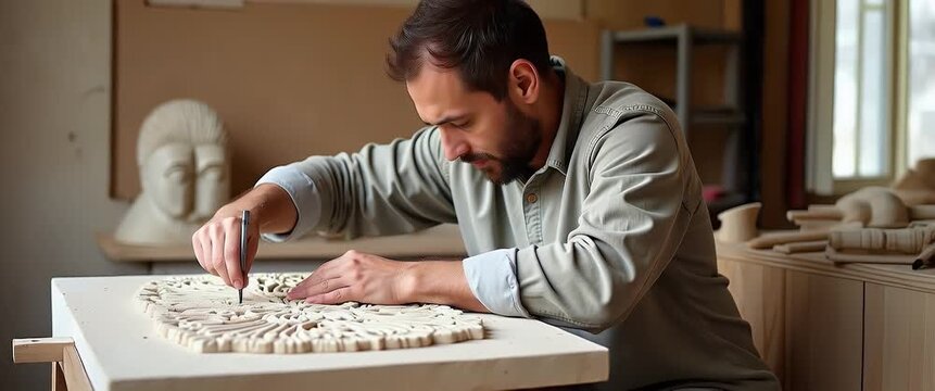 Showcase experienced sculptors meticulously carving intricate stone designs in open studios highlighting refined techniques and timeless artistic expression in  Photo Stock  Concept  and empty space o