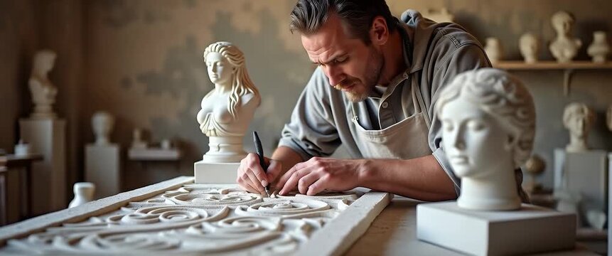 Showcase experienced sculptors meticulously carving intricate stone designs in open studios highlighting refined techniques and timeless artistic expression in  Photo Stock  Concept  and empty space o