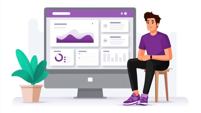 Young man sitting on stool beside large screen displaying data insights and charts in a modern workspace with greenery and purple accents