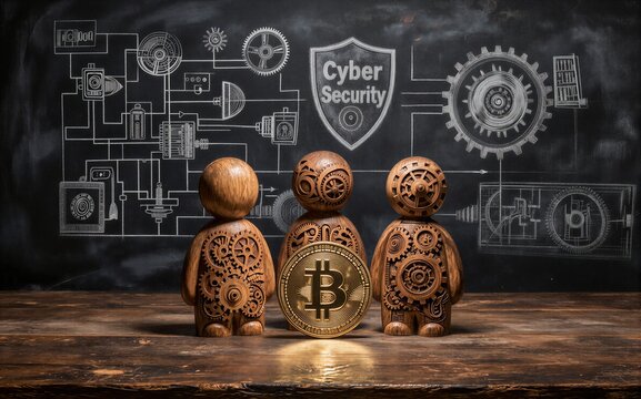 Wooden figures stand before chalkboard diagrams symbolizing cyber