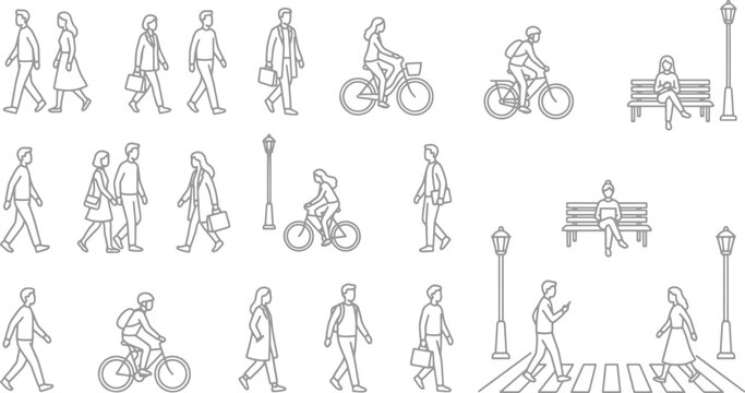 Minimalist line art vector set of people walking cycling and sitting on benches for urban planning and architectural visualization design projects