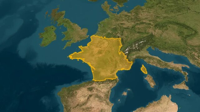 France borders highlighted in bright yellow on a 3D satellite terrain map, animated with cinematic orbital camera movement across western Europe