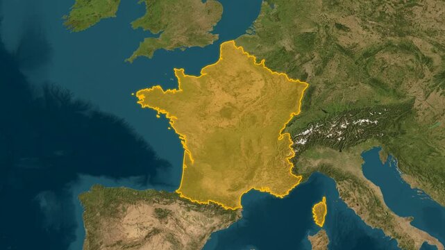 Top-down aerial satellite map of France outlined in vibrant yellow, displaying the country borders and surrounding western European terrain