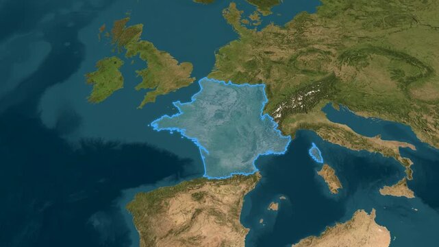 France territory marked with a cool blue outline on a 3D satellite terrain map, animated with a smooth orbital camera rotation around western Europe