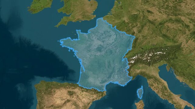 Vertical overhead view of France highlighted with a blue border on a satellite terrain map of western Europe and its surrounding countries