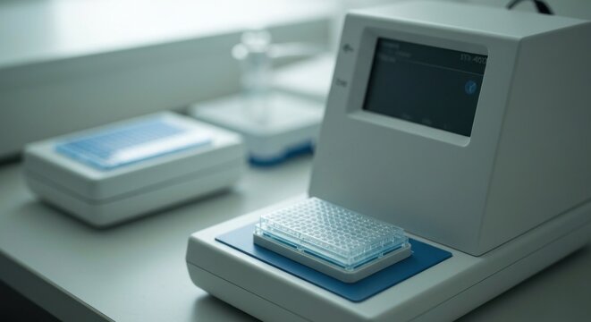 Lab equipment, likely for PCR or similar testing.  Flat, white lab table with modern, light gray-white equipment.  A machine with a screen, and small, rectangular, blue-gray microplate holders