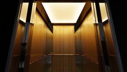 Modern luxury elevator interior with gold metal walls and bright ceiling © amma