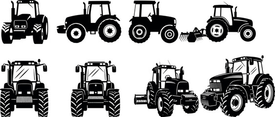 Agricultural Tractor Silhouette Collection with Farming Vehicles and Heavy Machinery Vector Illustration Set © Aktara
