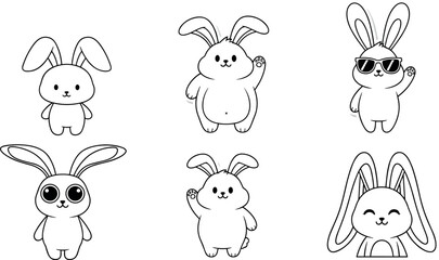 Fototapeta premium Cute Bunny Cartoon Character Collection with Kawaii Rabbit Outline Vector Illustration Set for Kids Design