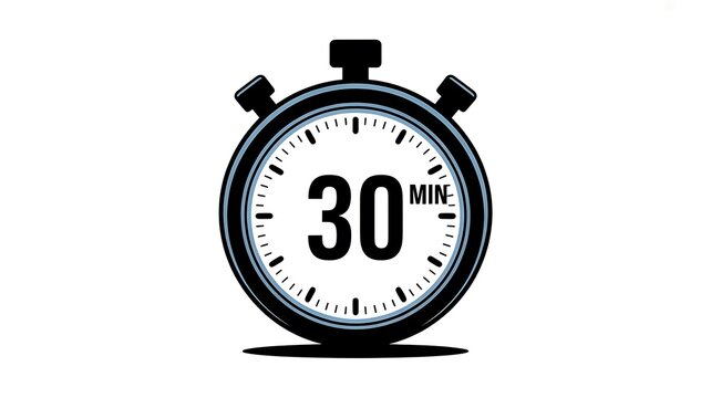 Stopwatch timer, 30 minutes, black and white illustration, sports and fitness icon, time management symbol