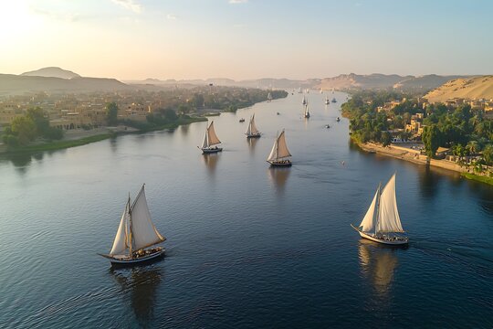 Traditional Feluccas Sailing on the Nile River at Sunset in Egypt Scenic Cultural Travel Landscape.