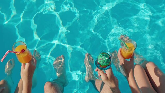 Friends enjoying summer drinks by the pool, relaxing vacation atmosphere, feet in water.