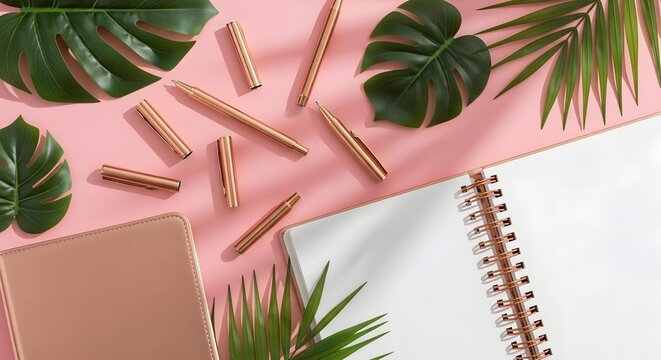 Collection of rose gold pens and tropical leaves are scattered on a pink background with soft shadows.