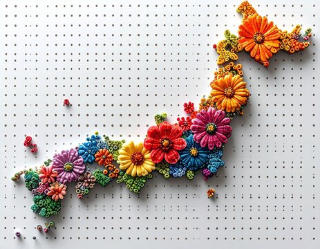 Vibrant perler bead flower map of Japan on pegboard