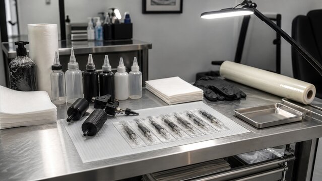Workspace setup for tattooing with tools and supplies prepared on a stainless steel table in a studio