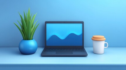 Fototapeta premium Modern Workspace with Laptop, Green Plant, and Coffee Mug Against Blue Wall for Creative Environment and Minimalist Aesthetic
