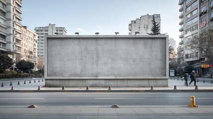 Obraz premium Blank concrete billboard in a city street with buildings and people passing by