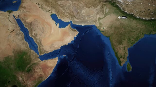 Animated Satellite Map Flight Route from Delhi India to Addis Ababa Ethiopia