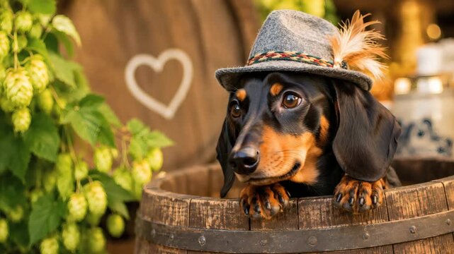 Dachshund wearing alpine hat beside wooden barrel and hops, evoking festival culture, rural hospitality, tourism, seasonal promotions and leisure experiences