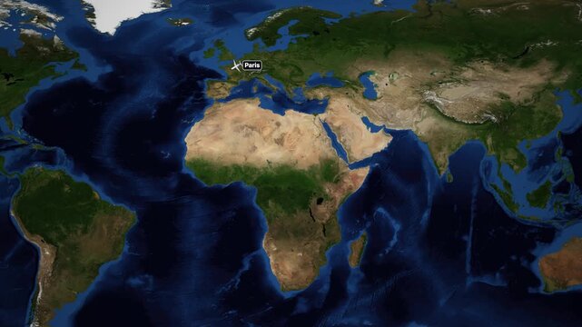 Animated Airplane Flight Route from Paris France to Sao Paulo Brazil