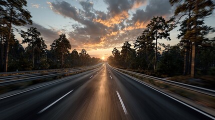 Fototapeta premium Scenic Highway Drive at Sunset Through a Pine Forest with Dramatic Clouds