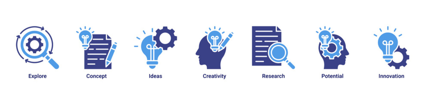 Creative Research web banner icon vector illustration with icons of Explore, Concept, Ideas, Creativity, Research, Potential and Innovation