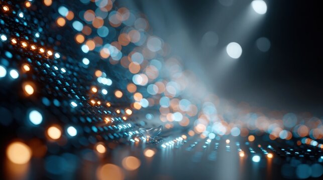 Abstract glowing digital network data stream of blue and orange lights with bokeh effects on a dark background