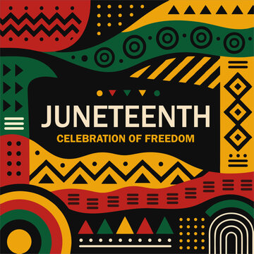 Juneteenth celebration background featuring African inspired geometric patterns and Pan African colors in flat design style symbolizing freedom, culture, heritage, and unity.