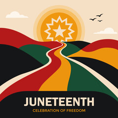 Juneteenth celebration poster featuring abstract colorful freedom road landscape with rising sun and bold typography. Vector Illustration. © barokzidane