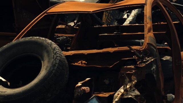 Rusty Burnt Car Shell In Scrapyard Close Up, Destroyed Automobile Body After Fire Accident, Abandoned Wrecked Vehicle In Junkyard, Damaged Rusty Chassis With Old Tire, Rusty Metal Textures Of Ruined C