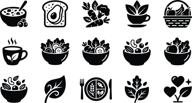 Healthy organic food and wellness lifestyle black glyph icon set featuring avocado toast salad bowl and fruit basket