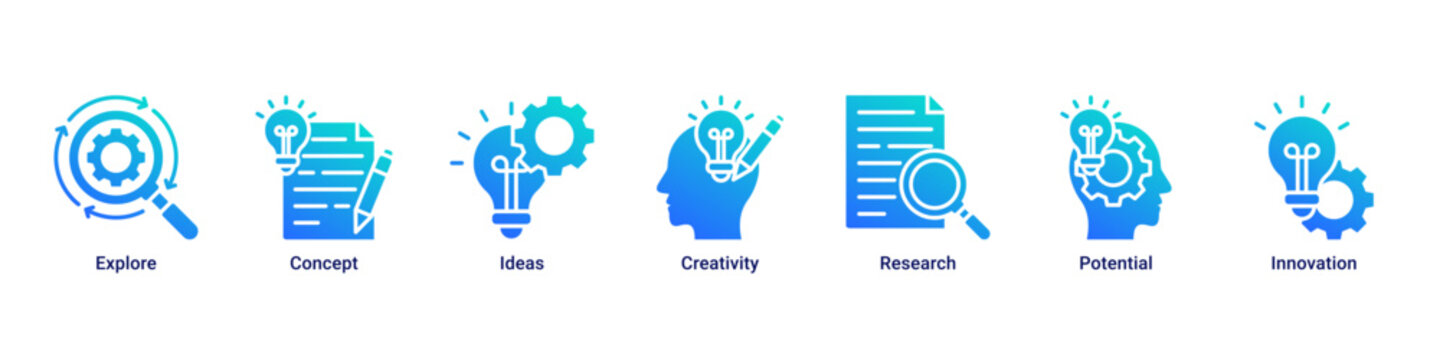 Creative Research web banner icon vector illustration with icons of Explore, Concept, Ideas, Creativity, Research, Potential and Innovation
