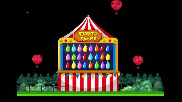 Animated Carnival Darts Game Booth with Hot Air Balloons on Black Background