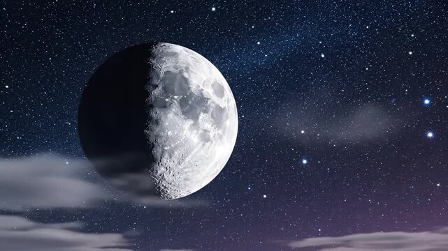 Beautiful Half Moon Shining Brightly in a Starry Night Sky.