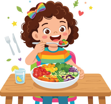 Kids nutrition and balanced vegan diet concept featuring cheerful young kid having lunch flat design vector