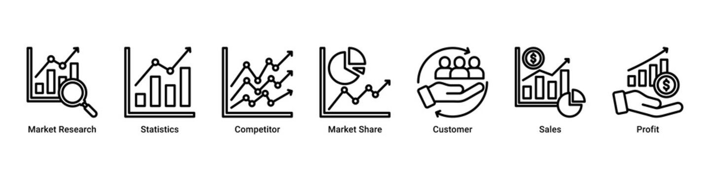 Market Analysis web banner icon vector illustration with icons of Market Research, Statistics, Competitor, Market Share, Customer, Sales and Profit