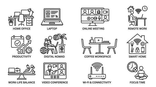 A collection of icons representing various aspects of remote work and digital lifestyle, including home office setups, productivity tools, and connectivity