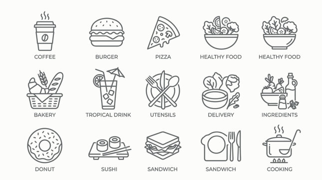 A diverse collection of line art icons representing various food and drink items for culinary and hospitality branding
