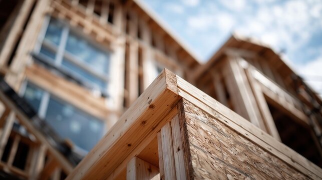 Close-up of wooden house framing under construction, showcasing building materials and architectural structure